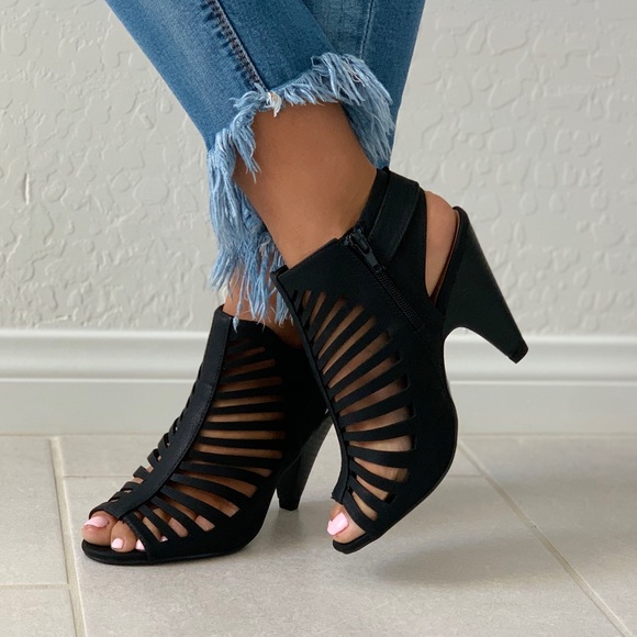 NIB Black Caged Peep Toe Cone Heel Ankle Bootie - Picture 3 of 7